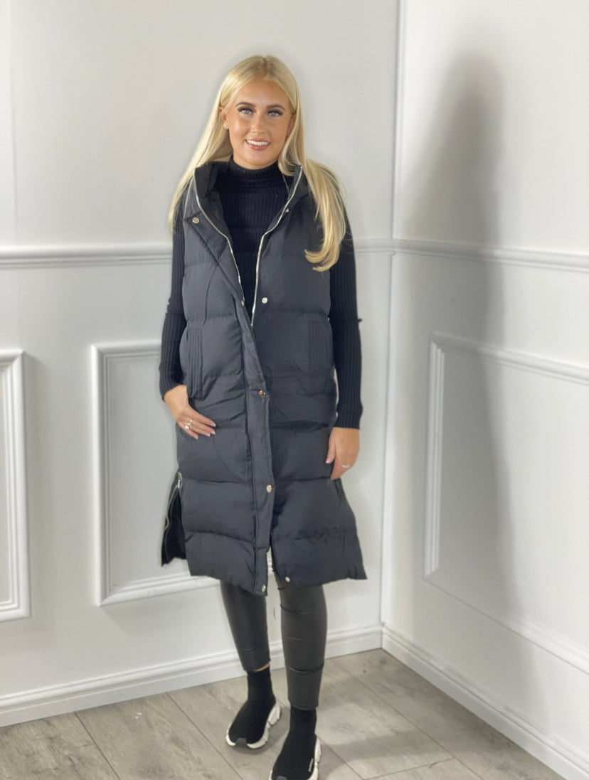 Quilted Zip Hooded Long Gilet